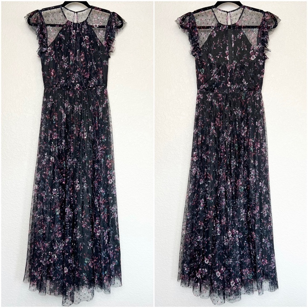 JILL STUART Floral‎ Tulle Sheer Dot Ruffle Flutter Sleeve Pleated Maxi Gown 0 - Picture 10 of 15